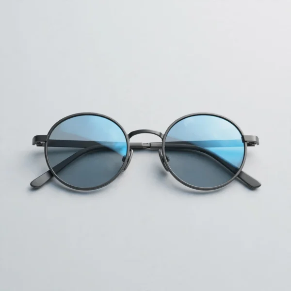 Round Graphite Sunglasses with Sky Blue Lenses